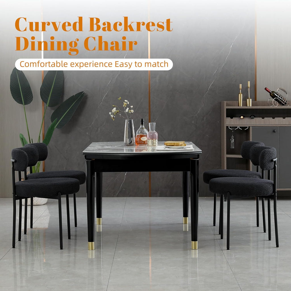 Black Boucle Dining Chairs Set of 2, Mid Century Modern Kitchen Chairs with Curved Backrest and Metal Legs