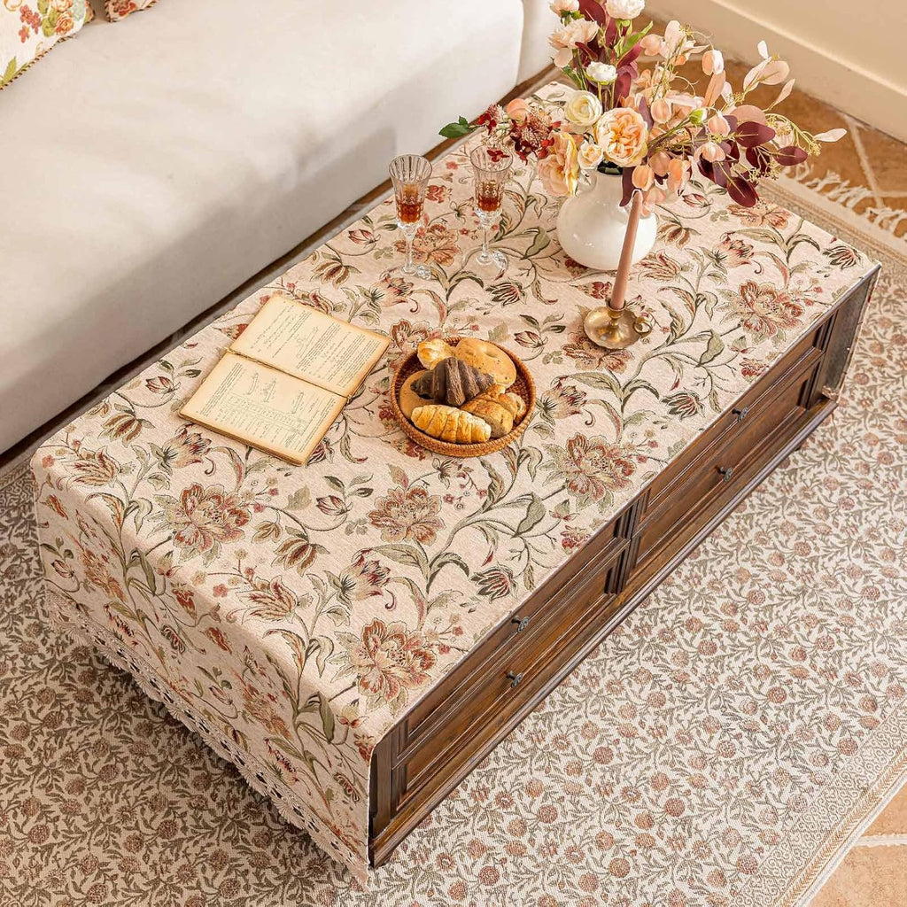 Luxury Chenille Coffee Table Cover Non-Slip Silicone Backing Heavyweight French Jacquard Table Cloth