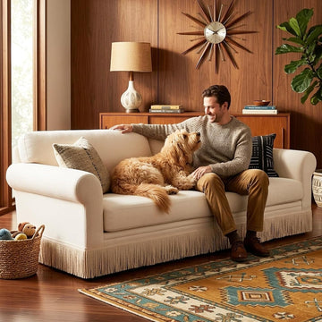 86" Chenille Sofa Couch - Mid-Century Modern 3-Seater Deep Seat Sofa with Vintage Tassel Design Pet-Friendly Soft