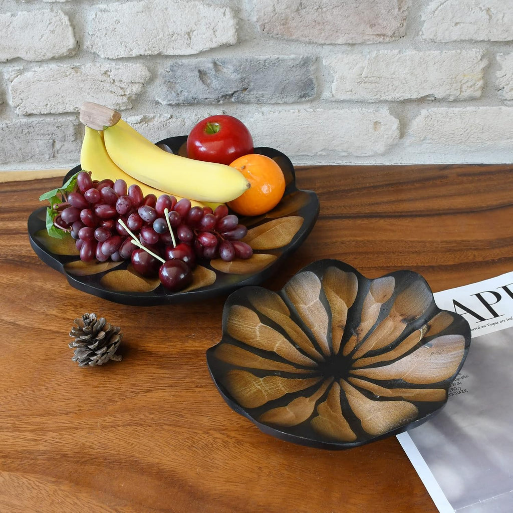 8-Inch Mango Wood Lotus Blossom Plate Tray | Decorative Carved Wooden Bowl for Tabletop, Entryway or Kitchen | Rustic