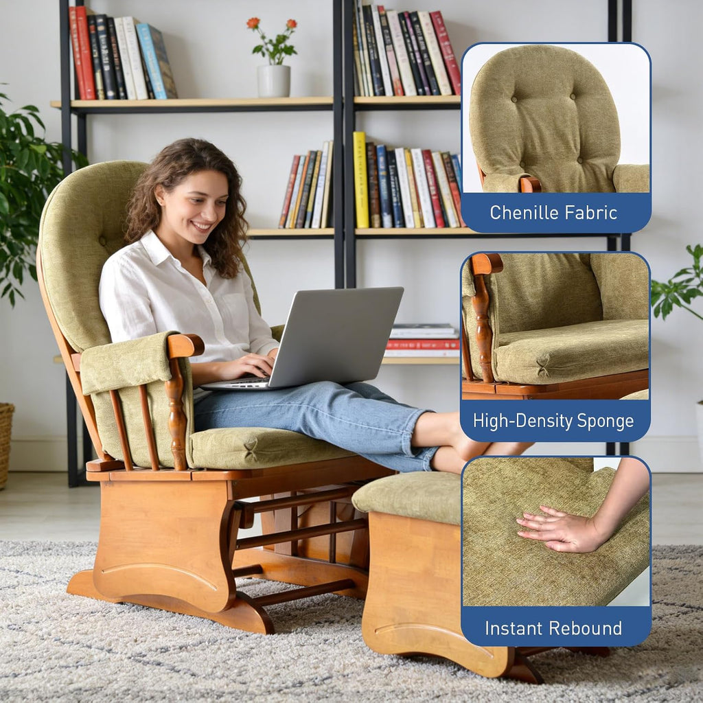 Glider Rocking Chair Nursery with Ottoman Smooth Rocking Motion, Easy to Assemble, Solid Hardwood Base Indoor