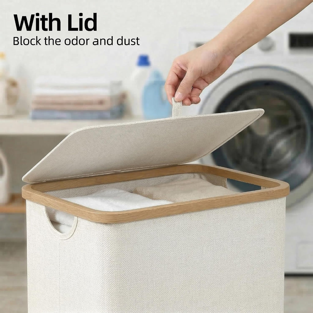 Slim Laundry Basket with Lid, Narrow Laundry Hamper with Removable Bag, Skinny Dirty Clothes Basket with Bamboo