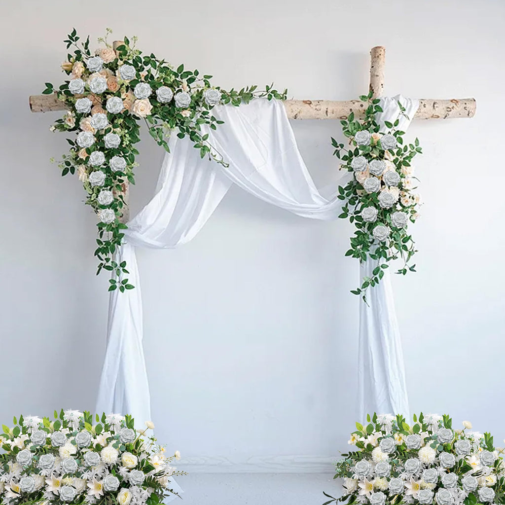 Rose Artificial Flowers, 50Pcs Silver Roses Head Flowers Bulk with Stem