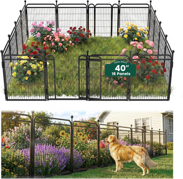 40 in(H) Garden Fence Outdoor for Yard with 2 Gravity Automatic Lock Gates,Heavy Duty Iron 16 Panels Total 34.7ft(L)