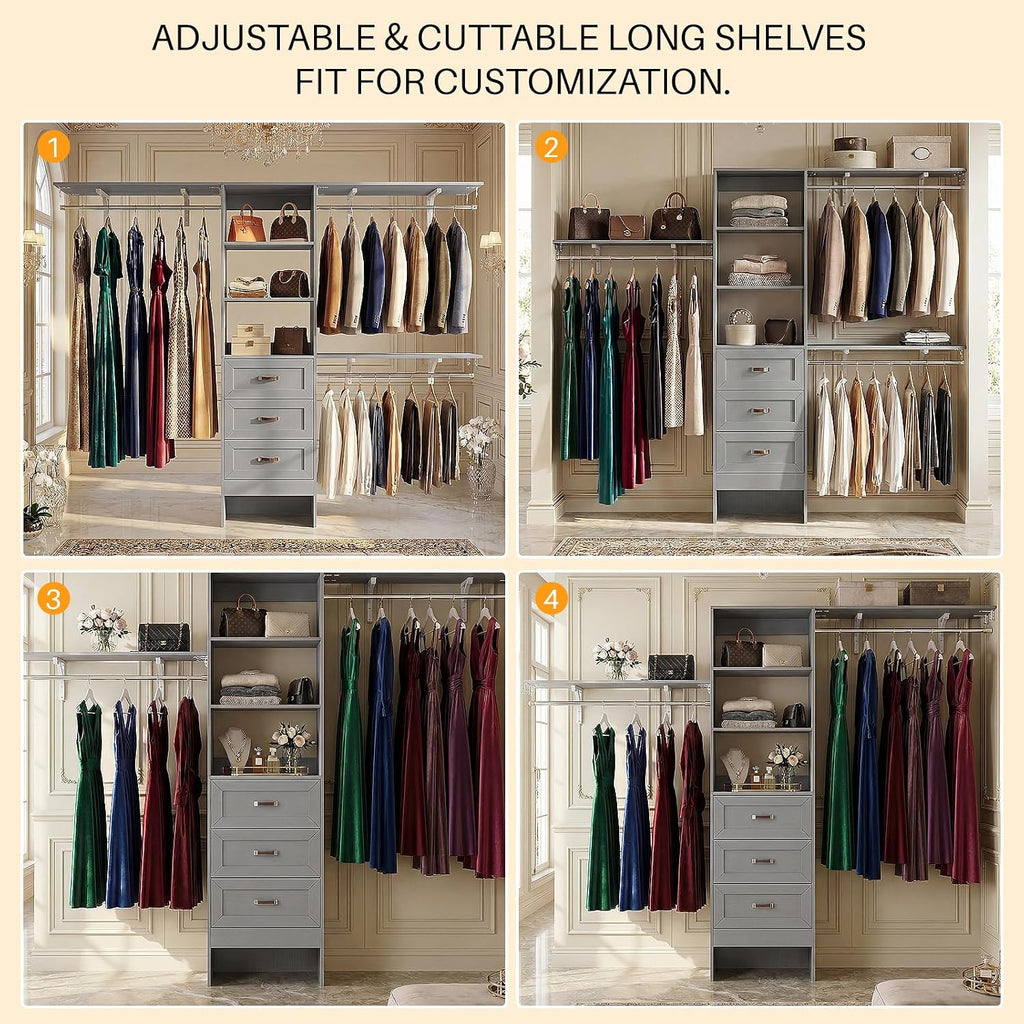 8FT Closet System with 3 Curved Drawers, 96'' Wooden Walk-in Closet Organizer with 3 Top Shelves, Adjustable