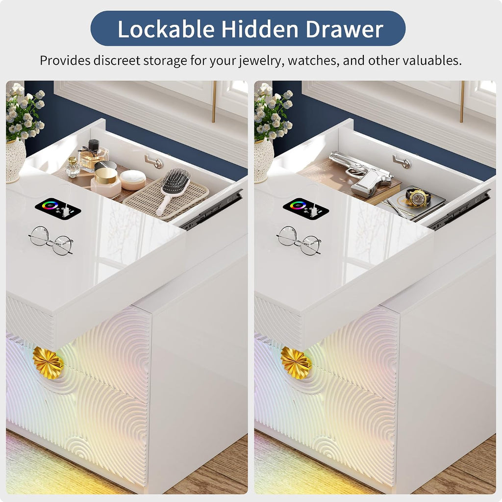 LED Nightstand with RGB Light and Lockable Hidden Drawer ,White | Night Stand with 2 Drawer, Smart Bedside Table with