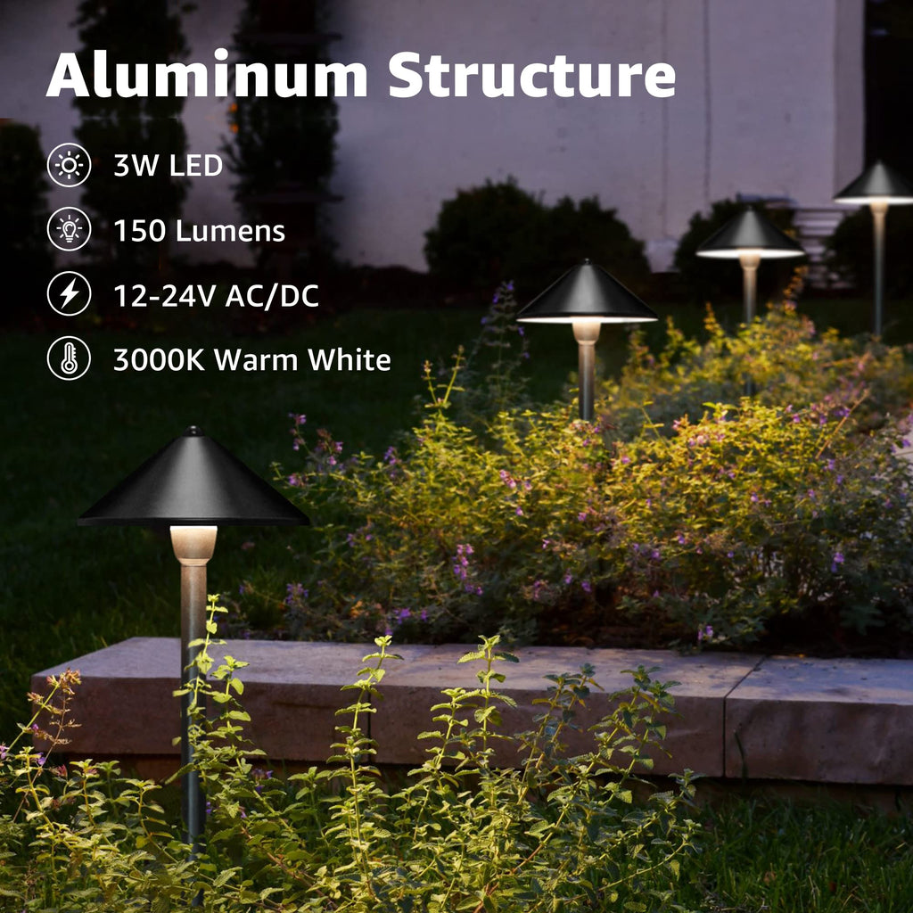 4-Pack 7" Low Voltage Path Lights Black Aluminum, Conical Hat Design