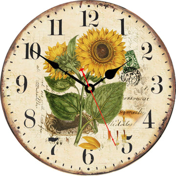 14 Inch Beautiful Sunflower Wall Clock, Vintage Country Floral Silent Non Ticking Clocks, Wooden Round Easy to Read