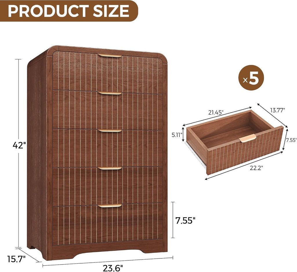 Fluted 5 Drawer Dresser, 43" Tall Dresser Chest of Drawers Curved Profile Design, Wood Mid Century Vertical Dresser
