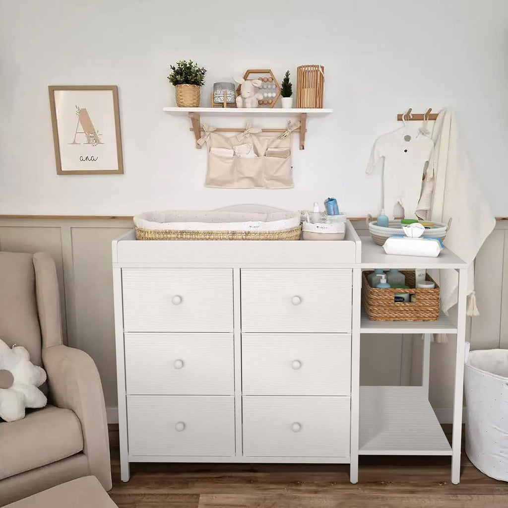 Baby Dresser with Changing Table Top, White Changing Table Dresser with 6 Fabric Drawers Diaper Changing Station with