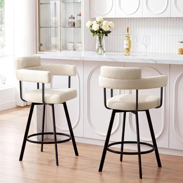 Swivel Bar Stools with Backs and Arms, Modern Bar Stools Set of 2 Island, 26" Upholstered Linen Counter Height Bar
