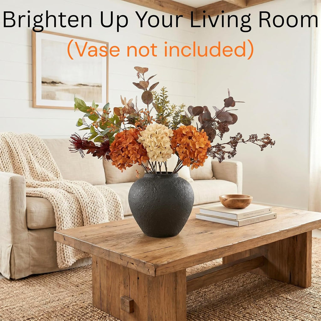 Faux Arrangement - Burnt Orange Hydrangea & Eucalyptus Stems, Fall Centerpieces for Tables, Large Floral Arrangement