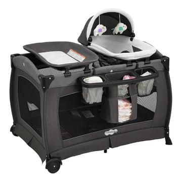 Pack and Play 4-in-1 Baby Playard with Bassinet & Changing Table, Foldable Portable Playpen with Mattress, Travel