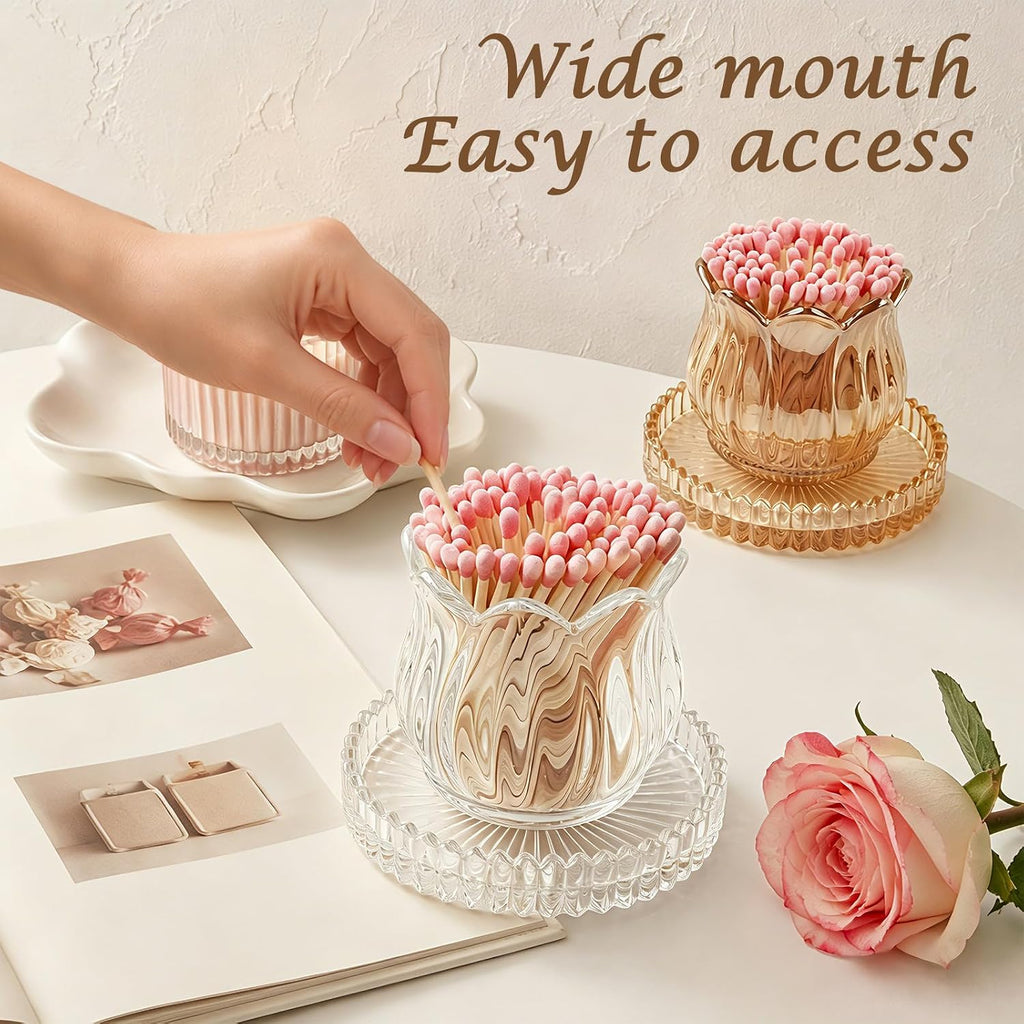 Glass Match Holder with Striker, Lily Shape Match Jar,Brown:Lily:1