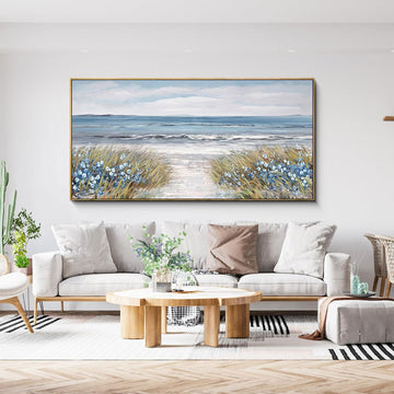 Large Framed Wall Art Decor - Farmhouse Boho Beach Coastal Vintage Floral Ocean Wall Picture Flowers Sea Canvas Print