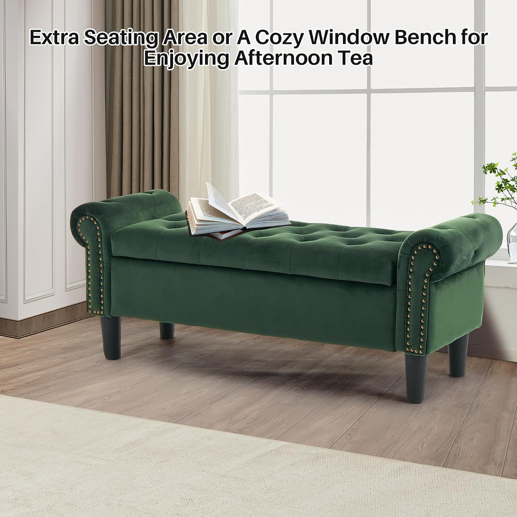 50" Storage Bench , Velvet Upholstered, Green | End of Bedroom Bed Bench Ottoman with Tufted Cushioned Rolled Arm