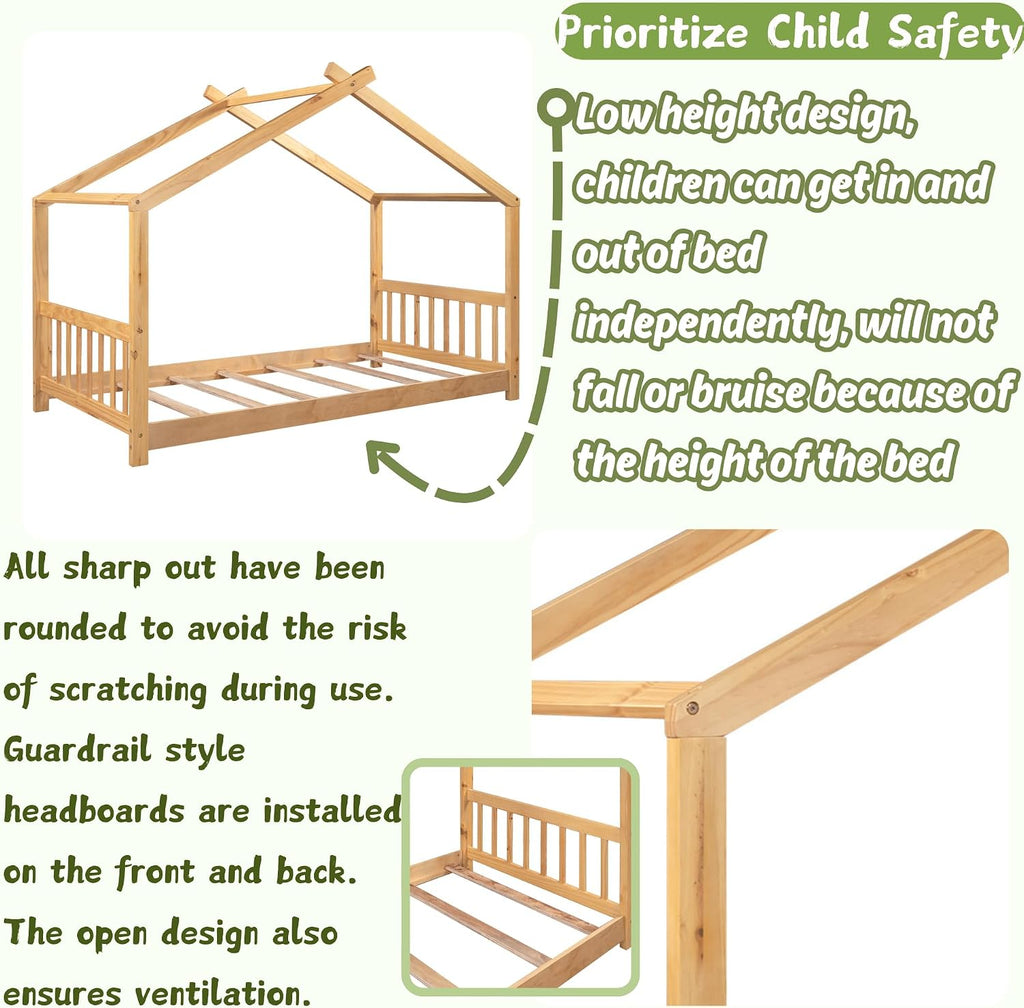 Floor House Beds Wood Montessori Bed Frame Twin Size Platform Bed with Headboard & Footboard for Kids Boys Girls