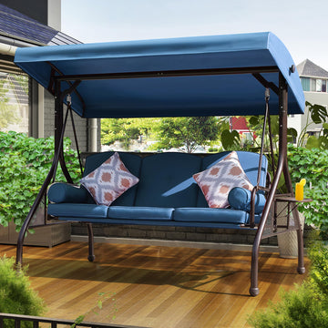 3-Seat Patio Porch Swing with Adjustable Canopy & Side Trays