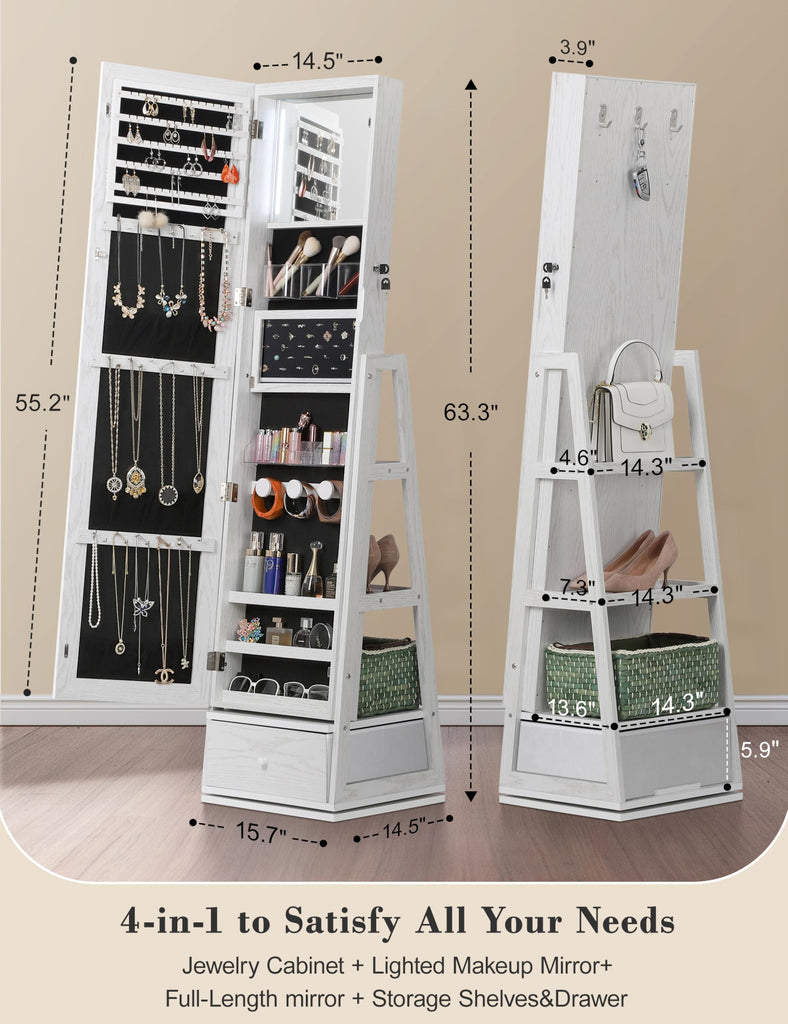 360° Swivel Jewelry Cabinet with Lights, Full Length Mirror, Lock