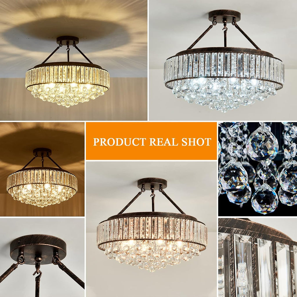 6 Light Modern Crystal Oil Rubbed Bronze Metal Semi Flush Mount Ceiling Light Fixture E26 Indoor Round Ceiling Lamp