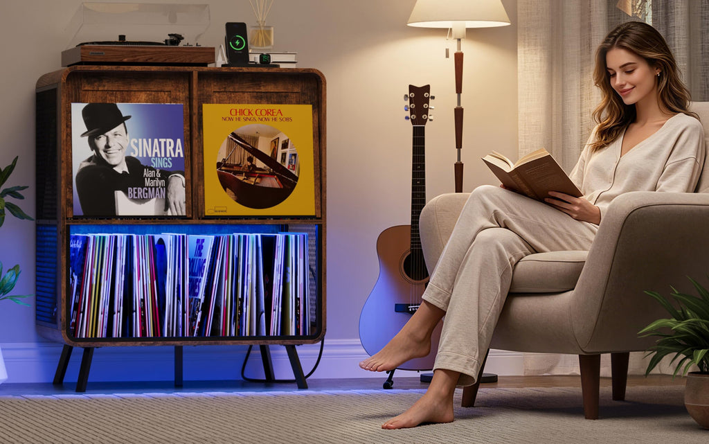 Record Player Stand with Vinyl Record Storage - Record Player Cabinet Table