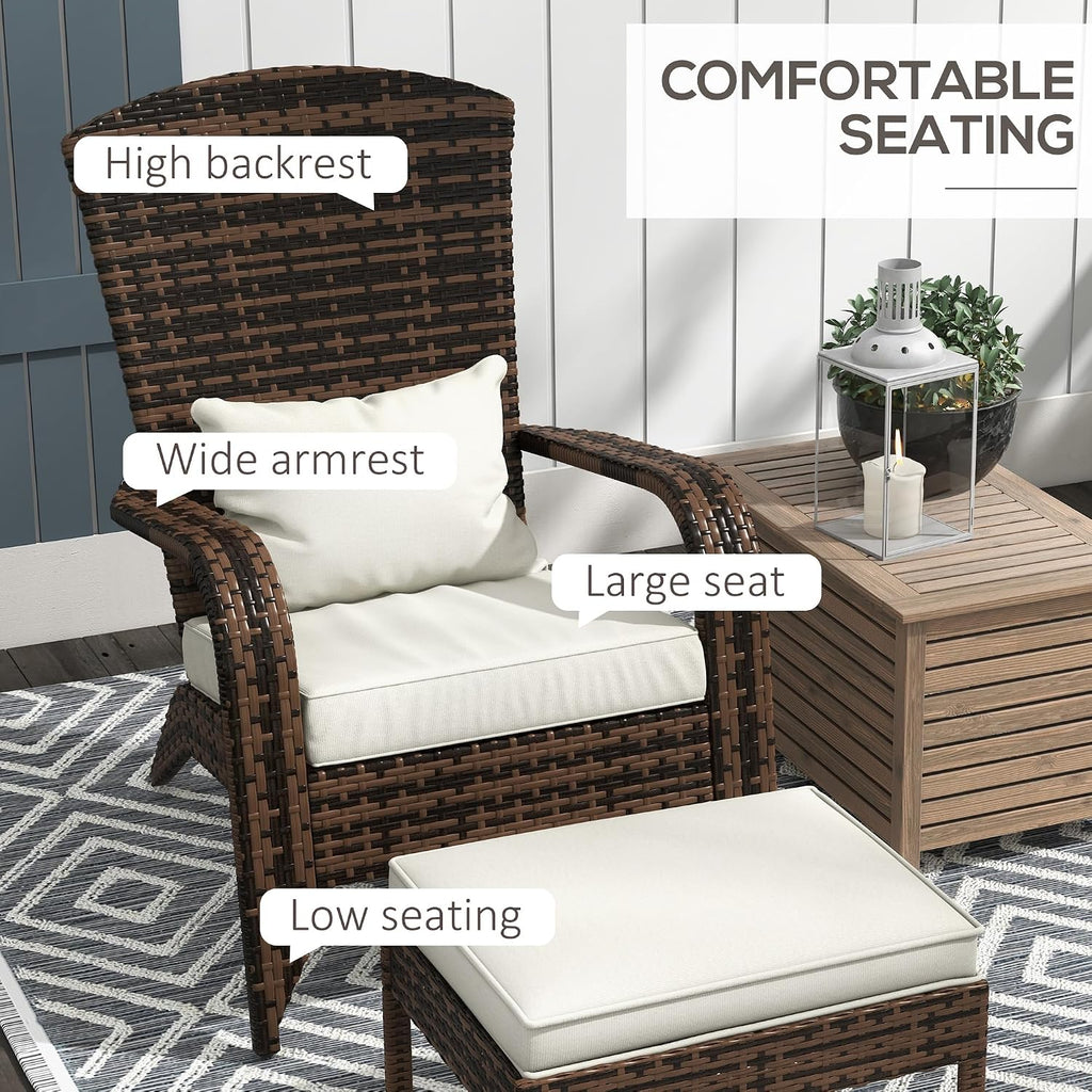Patio Wicker Adirondack Chair with Ottoman High-Back Cream White | Outdoor Fire Pit Chair, Cushions, Large Seat &