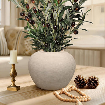 Ceramic Flower Vase Round Textured Vase,Farmhouse Vase(6" Tall, 7.7" Width) | Wide Round Terracotta Rustic Vases