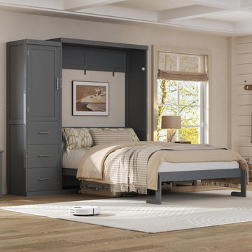 Full Murphy Bed with Storage Cabinet, Foldable Space-Saving Wood Wall Bed Frame with Wardrobe and 3 Drawers, Hidden