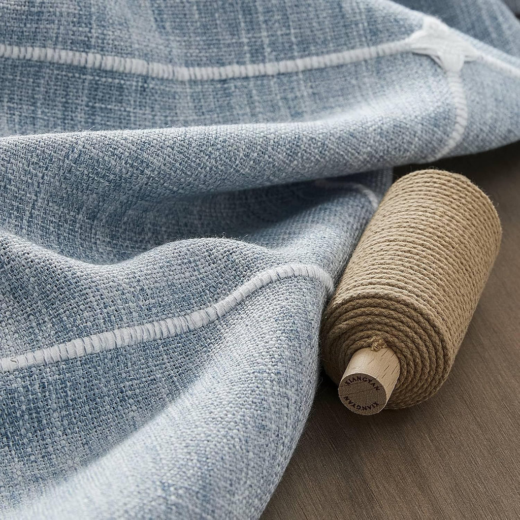 Grid Embroidered Hemmed Tablecloths, Blue 60x120 Inch, Farmhouse Style Heavy Weight Cotton Linen Dus
