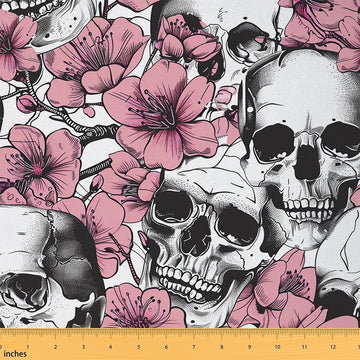 Sketch Skull Fabric by The Yard Watercolor Pink Cherry Blossom Flowers No Stretch Sewing Fabric Gothic Style Rustic