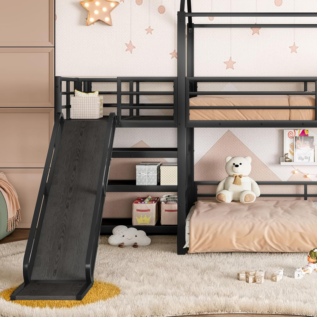 Twin Over Twin Bunk Bed with Slide, Kids House Floor Bunk Bed with Storage Stairs and Full Length Guardrail