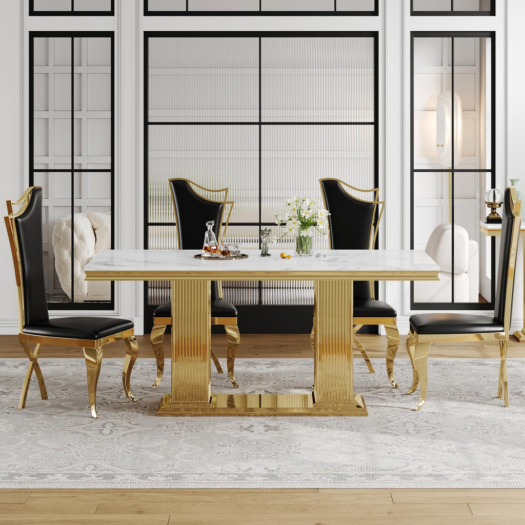 Marble Dining Table for 6 People, 70'' Rectangle Faux Marble Dining Table with Gold Mirrored Finish Stainless Steel