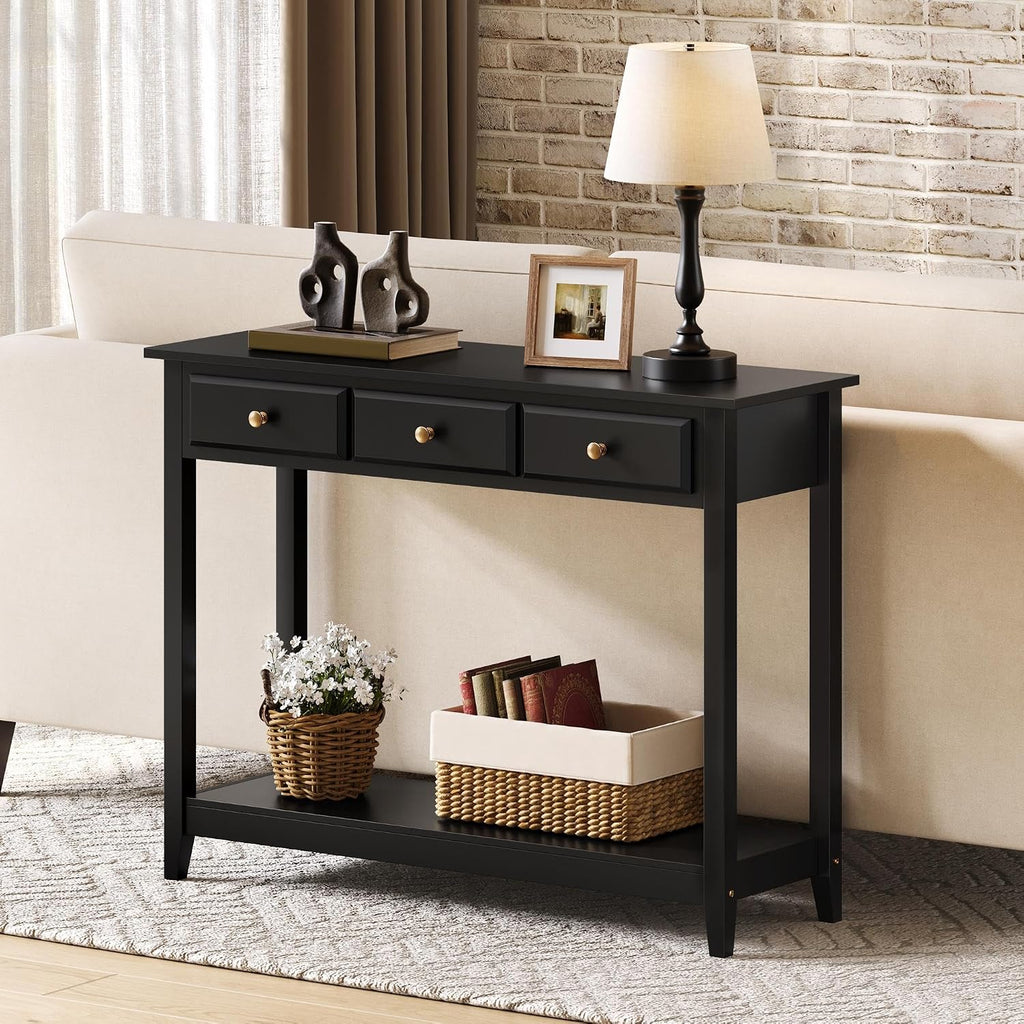 Console Table with 3 Drawers, Wood Entryway Table with Storage Shelf, Sofa Tables Narrow Long , Foyer, Black