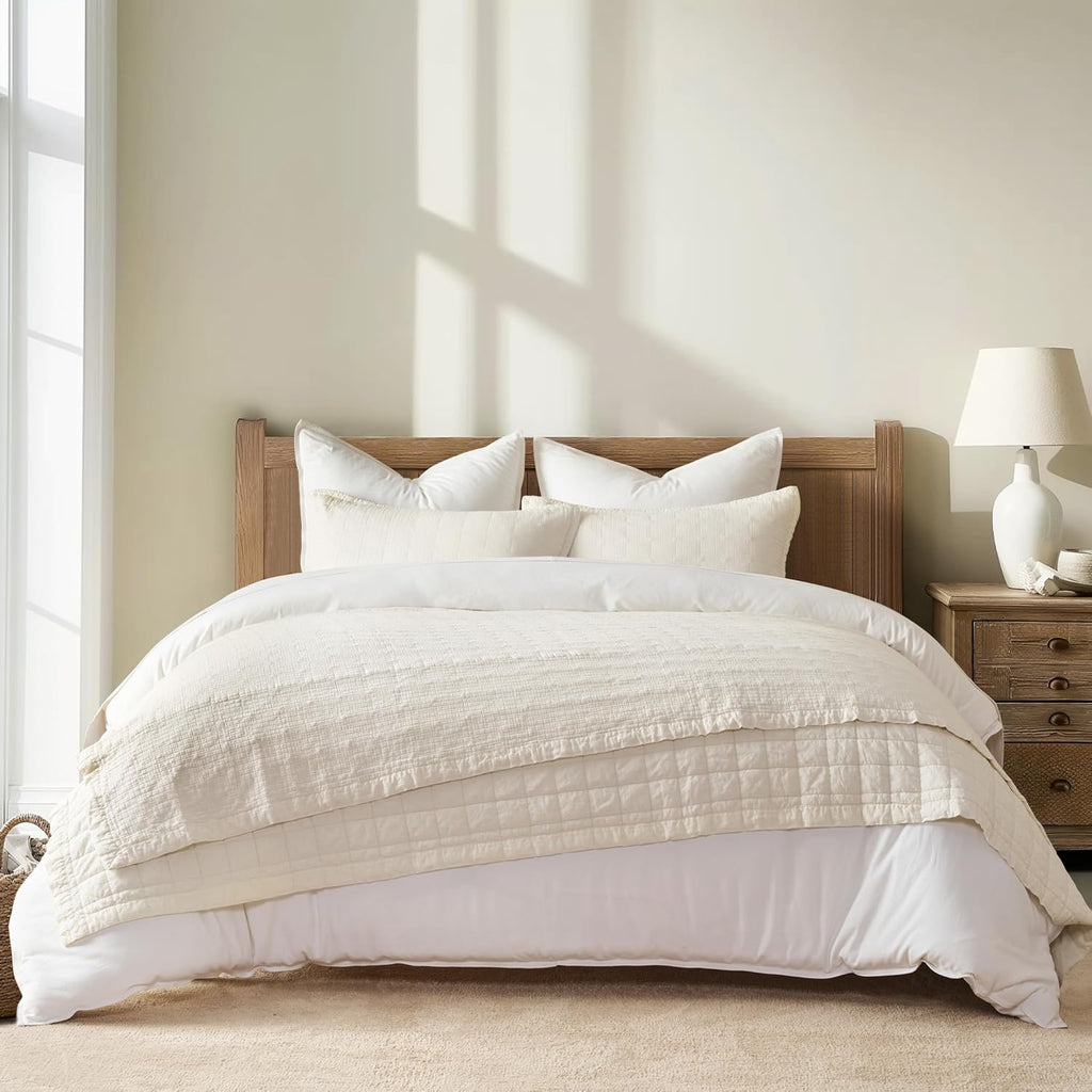 Cotton Quilt Set King, Ultra Soft Oversized Bedspread Coverlet Set, Lightweight Crinkle Box Stitch