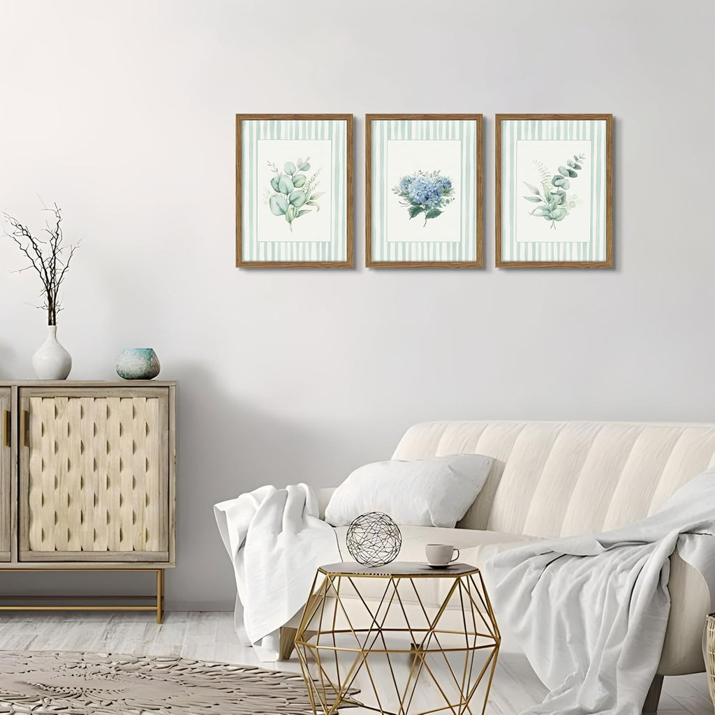 Framed Watercolor Flower Canvas Wall Art Set of 3, Eucalyptus Hydrangea and Green Plant Prints, Fresh Botanical