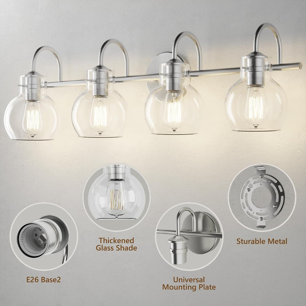 4 Lights Bathroom Vanity Light Fixtures Over Mirror Modern Nickel | 24in Wall Sconce,Brushed Nickel,Globe Glass