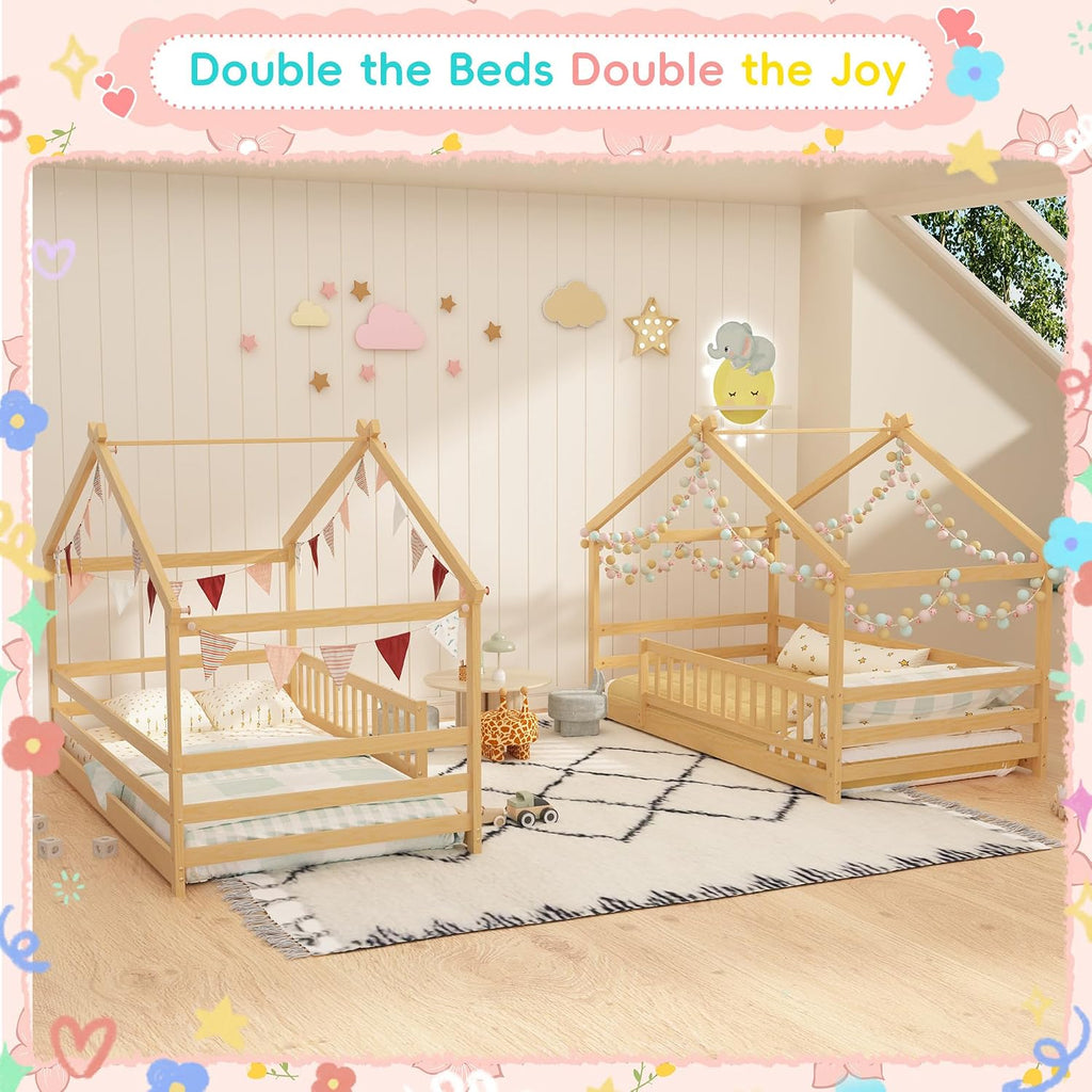 Twin Size House Bed for Kids, Twin Montessori Floor Bed with Roof and Guardrails, Solid Wood Low-Profile Frame