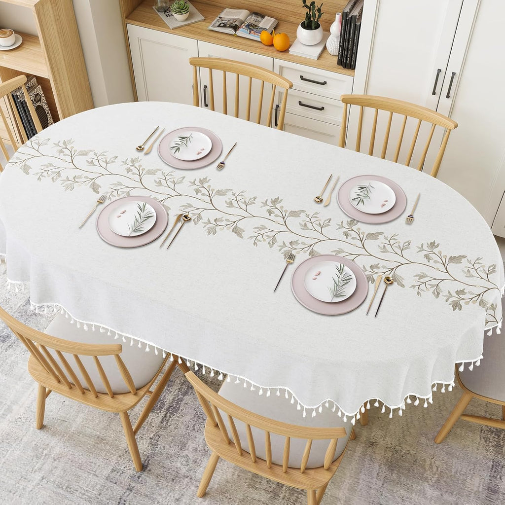 Solid Embroidery Oval Tablecloth with Tassels, 52 x 70 Inch Lace Dust-Proof Table Cover Dinning