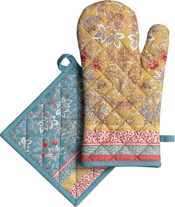 100% Cotton Oven Mitt & Pot Holder Set (7.5"x13" & 8"x8") | Heat Resistant BBQ Cooking Gloves with Loop Baking