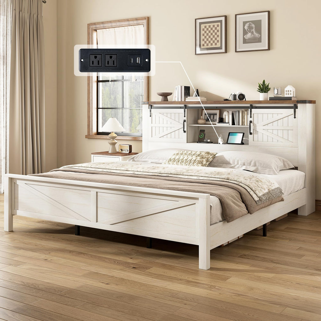 King Size Farmhouse Platform Bed Frame with Bookcase Storage Headboard, Built-in Power Outlet & USB Ports, Rustic