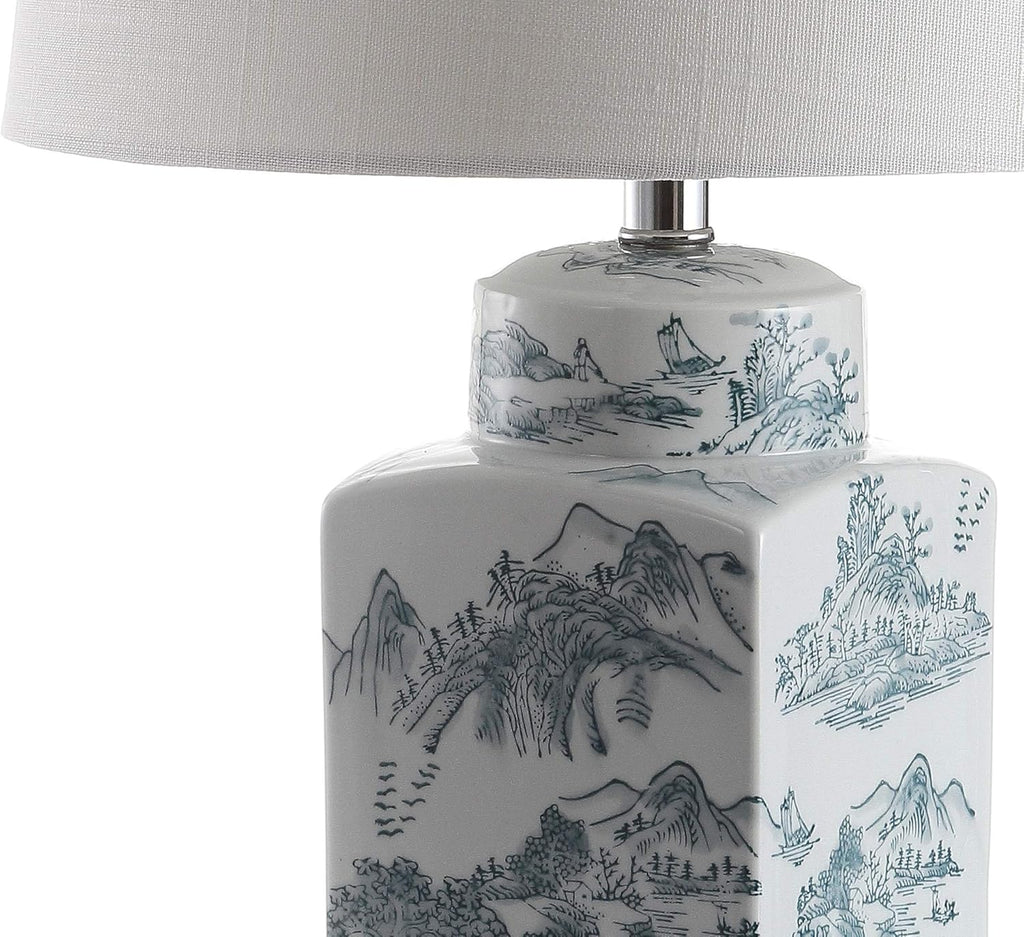 24.5" Blue/White Chinoiserie Ceramic Table Lamp, Traditional Square Ginger Jar Mountain Toile Lamp Bedroom