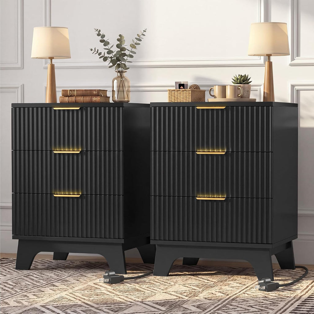 Black Fluted Nightstand Set of 2 with Charging Station, 3 Drawer Small Bedside Table, Faux Marble Top, 2 AC & Dual