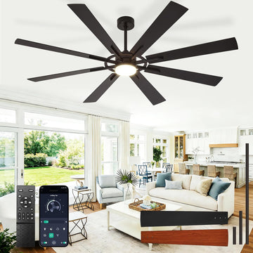 Large Ceiling Fans with Lights: Modern 72 Inch 8 Blade Outdoor Ceiling Fan with Remote APP Control - Dimmable Black