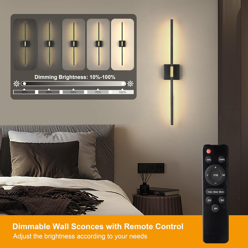 10000mAh Battery Operated Wall Sconces Set of 2, 3 Color Dimmable Rechargeable Wall Light with Remote, 24 Inch Black