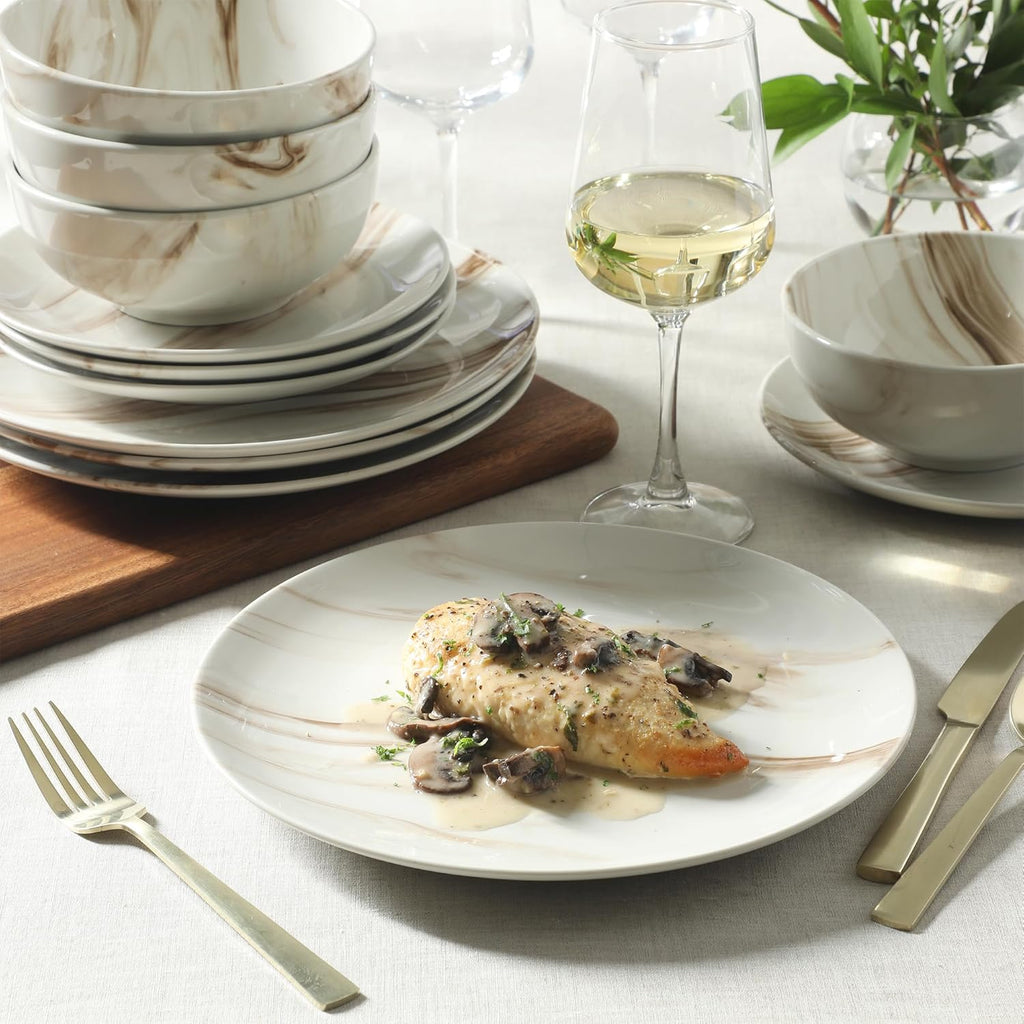 Cloudlight 12 Piece Plates and Bowls Dishes Brown and White - Decorated Porcelain Ceramic Dinnerware Set - Service for 4