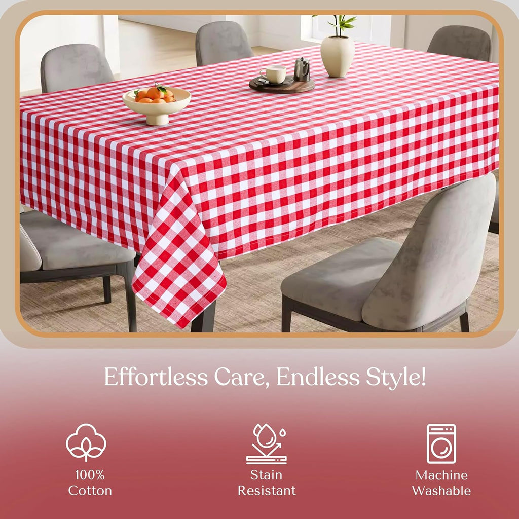 Gingham Checkered Tablecloth 60x102 Inch, 100% Cotton, Classic Check Pattern, Washable Table Cover f