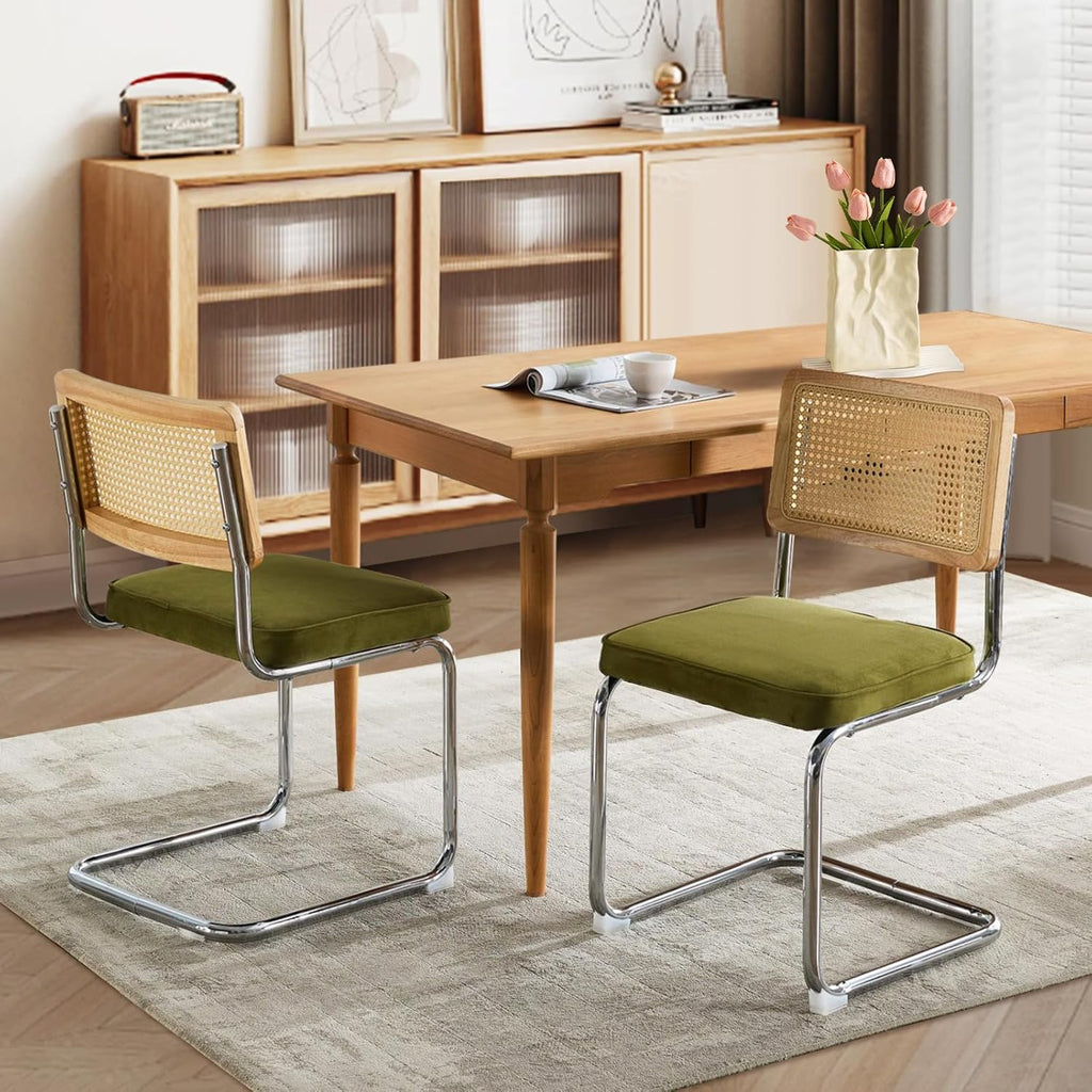 Rattan Dining Chairs Set of 4,Upholstered Mid-Century Modern Dining Room Chairs with Cane Backrest,Retro Velvet