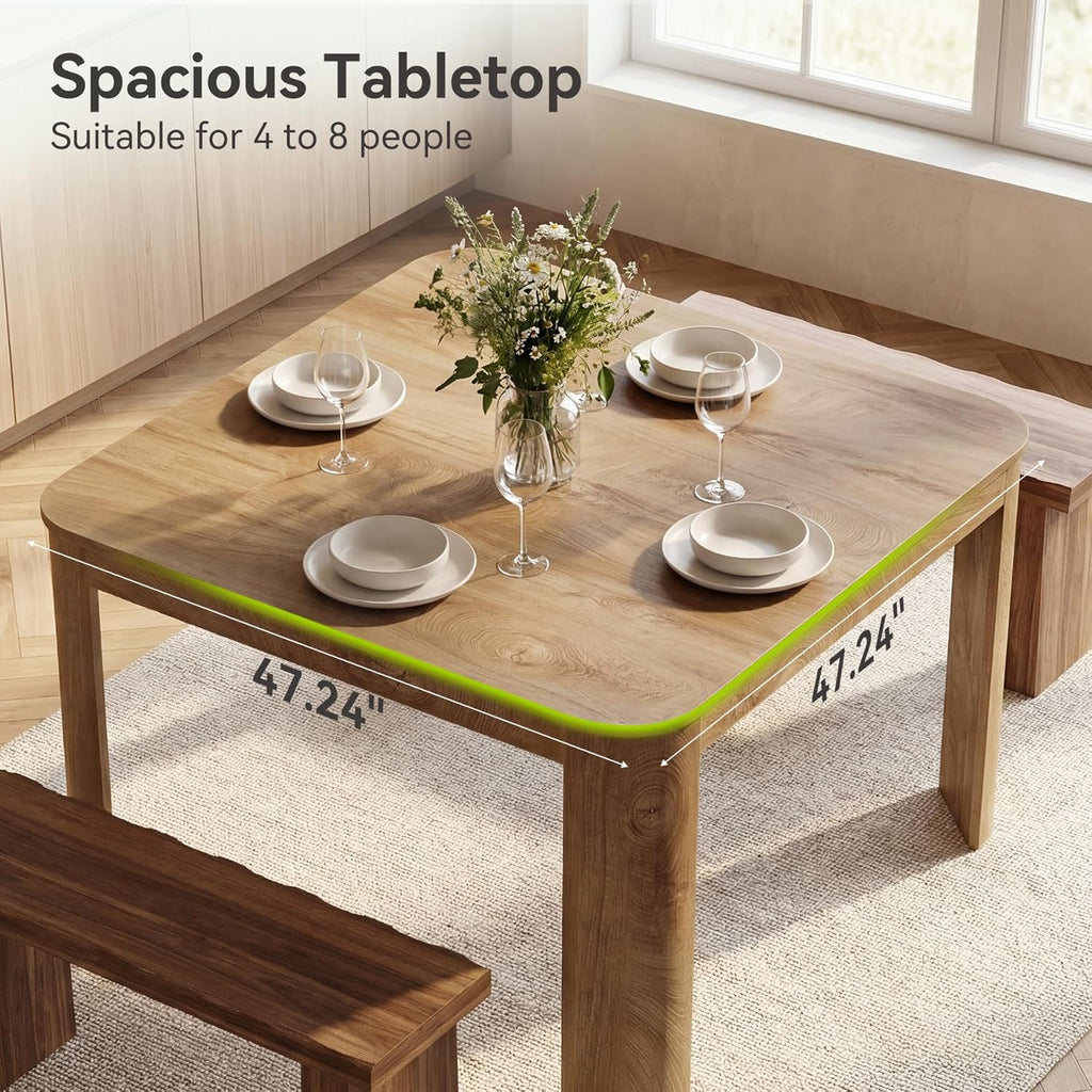 Square Dining Table with Rounded Corners, Modern 47" Kitchen Table for 4 People, Space Saving Dining Room Table for Kitchen (Light Walnut, MDF)