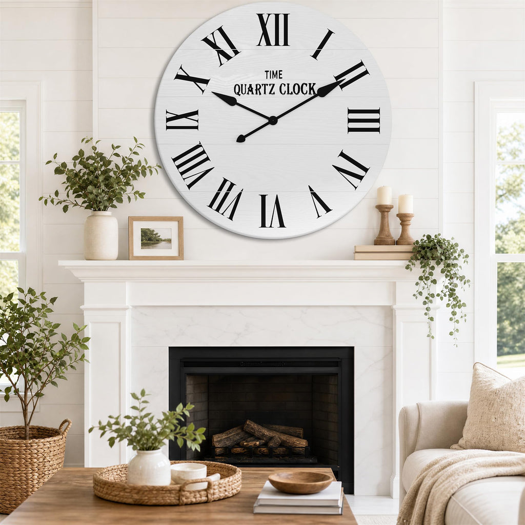 35.5" Extra Large Farmhouse Wall Clock, Solid Wood Veneer, White
