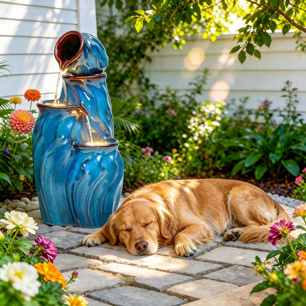 29" Outdoor Water Fountain, Ceramic Outdoor Fountain, Stacked 4-Tier Pots Waterfalls Decor, Creating Relaxing Serene
